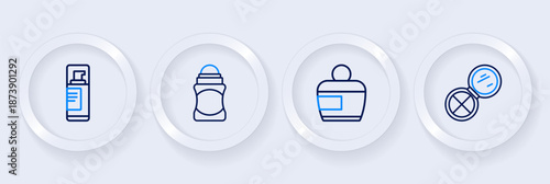 Set line Makeup powder with mirror, Cream lotion cosmetic tube, Deodorant roll and Shaving gel foam icon. Vector