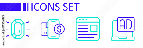 Set line Advertising, Mobile with dollar and Diamond icon. Vector