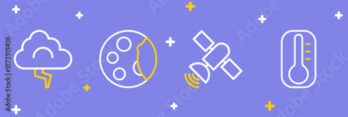 Set line Thermometer, Satellite, Moon phases and Cloud and lightning icon. Vector