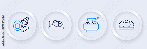 Set line Dumpling, Ramen soup bowl, Served fish on plate and Chicken egg with vegerables icon. Vector