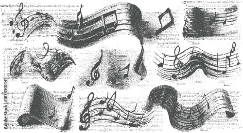 Assortment of vintage musical notation scrolls and individual notes depicted in a detailed, textured style on a speckled background, evoking a sense of historical musical artistry