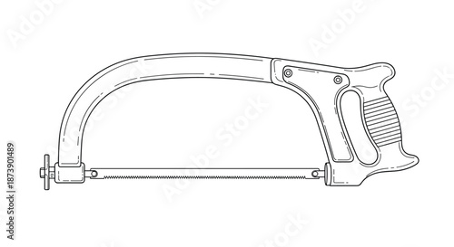 Detailed black and white line art drawing of a hacksaw, a hand tool used for cutting metal and plastic in workshops and construction.