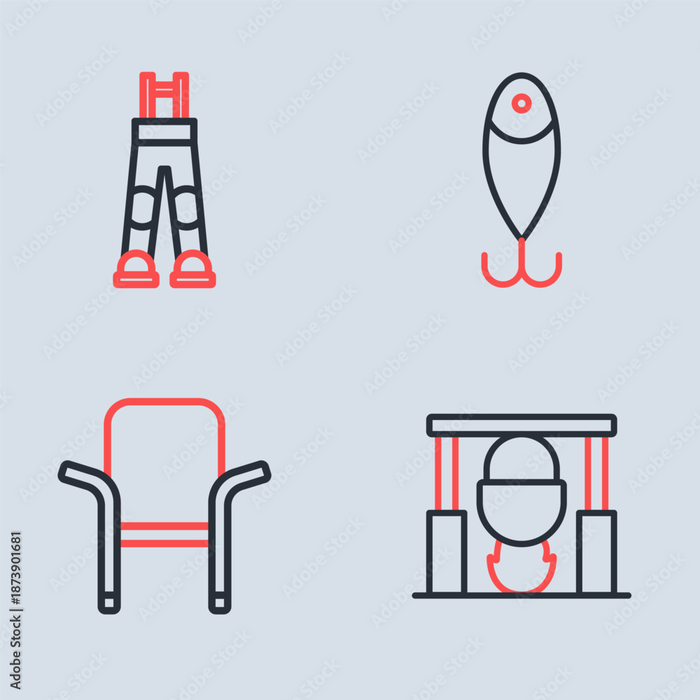 Fototapeta premium Set line Fishing lure, Camping folding chair, Campfire and pot and Fisherman pants icon. Vector