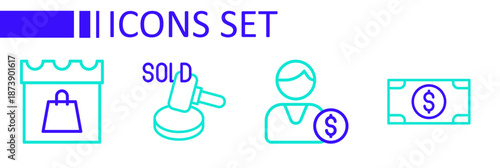 Set line Stacks paper money cash, Buyer, Auction hammer and Shopping day icon. Vector