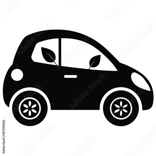 Simple black silhouette of a modern compact car with leaves inside the windows