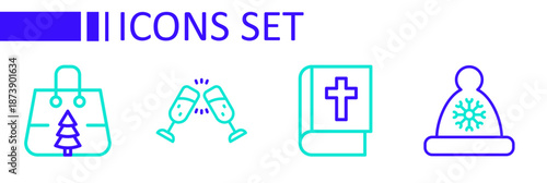 Set line Christmas Santa Claus hat, Holy bible book, Glass of champagne and shopping bag icon. Vector