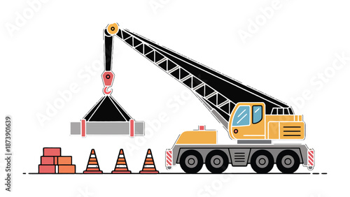 Crane Lifting the Building Material: An illustration of a crane in action at a construction site, skillfully lifting a concrete beam. The scene is marked by a clear sky, and safety cones.
