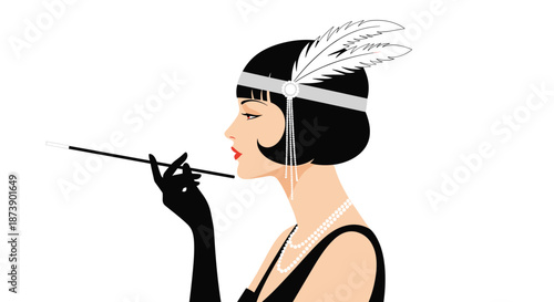 Elegant Art Deco style illustration of a 1920s flapper girl with a bob haircut, feathered headband, and a long cigarette holder.