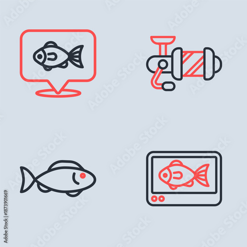 Set line Spinning reel for fishing, Fish, finder echo sounder and Location icon. Vector