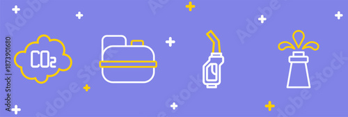 Set line Oil rig, Gasoline pump nozzle, Canister for gasoline and CO2 emissions cloud icon. Vector