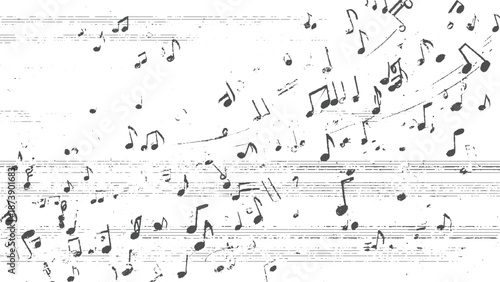 Dynamic monochrome composition of numerous musical notes and staves swirling across a textured background with a sense of movement and artistic expression