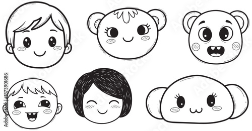 A delightful set of black and white cartoon faces depicting happy children and various cute animals
