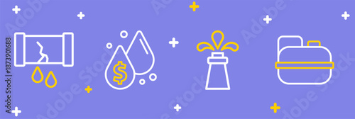 Set line Canister for gasoline, Oil rig, drop with dollar symbol and Broken oil pipe valve icon. Vector