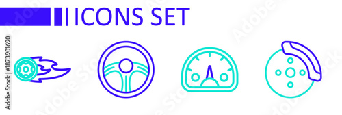 Set line Car brake disk with caliper, Speedometer, Racing steering wheel and Wheel fire flame icon. Vector