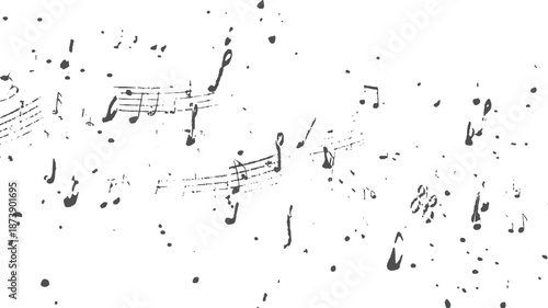 Scattered monochrome musical notes and staves on a white background with ink splatters and a distressed texture, evoking a sense of artistic spontaneity
