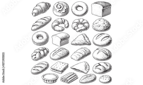 Vintage Bakery & Pastry Illustrations: Croissant, Donut, Bread for Food Design, Menu, Packaging & Branding