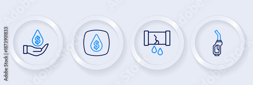 Set line Gasoline pump nozzle, Broken oil pipe with valve, Oil drop dollar symbol and icon. Vector