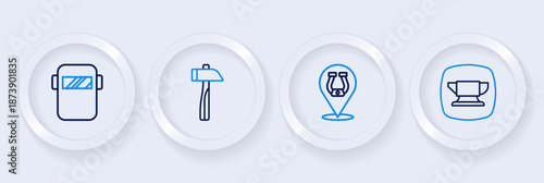 Set line Blacksmith anvil tool, Horseshoe, Hammer and Welding mask icon. Vector