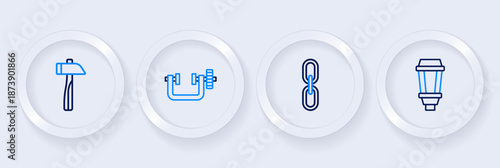 Set line Garden light lamp, Chain link, Clamp and screw tool and Hammer icon. Vector