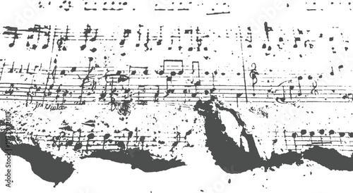 Detailed view of a torn and weathered musical score with handwritten notes and ink smudges, showcasing vintage paper texture and a sense of history