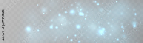 Blue glitter dust glows with shimmer and sparkle over soft bokeh. Sparks, twinkling particles, radiant highlights, and flare form magical holiday light. Christmas png vector illustration.