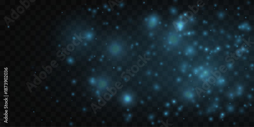 Deep blue dust sparkles with glitter, sparks, shimmer across glowing bokeh blur. Twinkling particles, luminous highlights, flare create festive Christmas and New Year magic. PNG vector illustration.