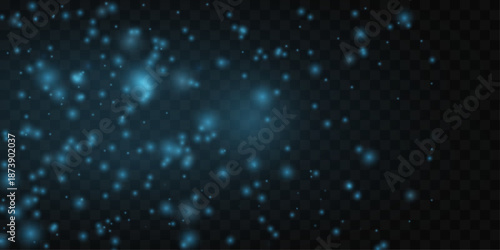 Soft blue dust sparkles with shimmer, glitter, glowing particles across blurred bokeh. Twinkle, sparks, stardust particles, and luminous highlights create festive elegance. PNG vector illustration.
