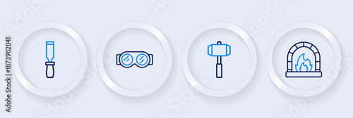 Set line Blacksmith oven, Sledgehammer, Welding glasses and Rasp metal file icon. Vector