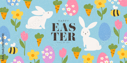 Trendy Happy Easter background. Happy Easter vector background with bunnies, eggs, spring flowers, cute bee. Holiday card for design of party, celebration, ads, branding, cover, card, sale, event.