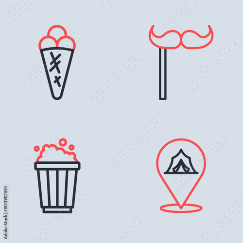 Set line Paper mustache on stick, Popcorn in cardboard box, Circus tent and Ice cream waffle icon. Vector