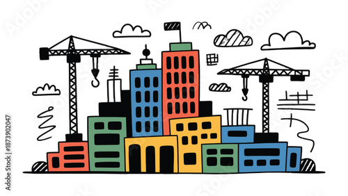 City Skyline Illustration: a vibrant illustration showcasing urban development with iconic construction cranes reaching towards a cloudy sky
