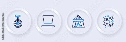 Set line Carnival garland with flags, Circus tent, Cylinder hat and Unicycle icon. Vector