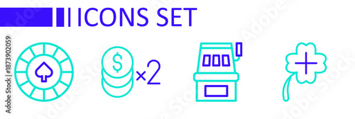 Set line Casino slot machine with clover, Slot, chip dollar and chips icon. Vector
