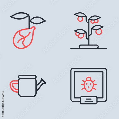 Set line Sprout, Watering can, Colorado beetle and icon. Vector