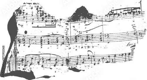 Close-up of a torn vintage musical score with intricate handwritten notes and subtle ink stains, highlighting the texture of aged paper and musical notation