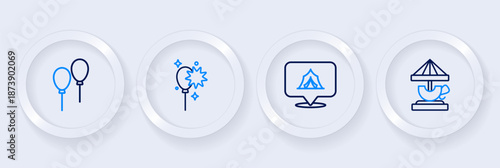 Set line Attraction carousel, Circus tent, Balloons with ribbon and icon. Vector