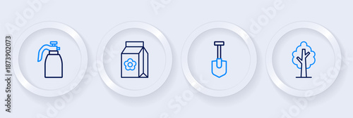 Set line Tree, Shovel, Pack full of seeds and Garden sprayer for water icon. Vector