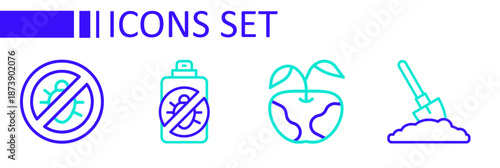 Set line Shovel in the ground, Apple, Spray against insects and Stop colorado beetle icon. Vector