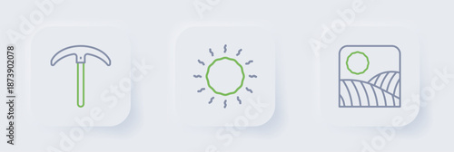 Set line Agriculture wheat field farm, Sun and Pickaxe icon. Vector
