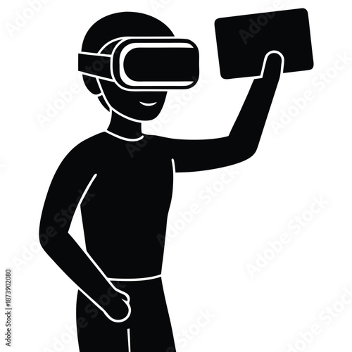 Stylized silhouette person wearing virtual reality headset interacting with a handheld device