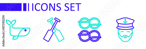 Set line Captain of ship, Nautical rope knots, Crossed oars or paddles boat and Whale icon. Vector