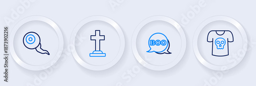 Set line Shirt with skull, Boo speech bubble, Tombstone cross and Eye icon. Vector