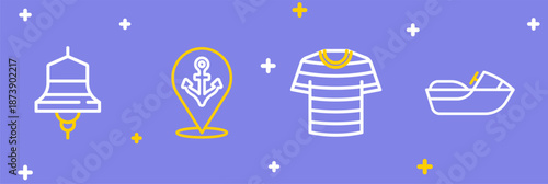 Set line Jet ski, Striped sailor t-shirt, Location with anchor and Ship bell icon. Vector