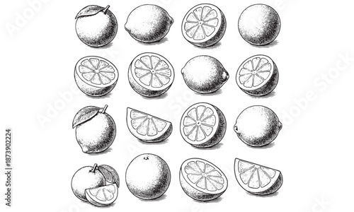 Vintage Citrus Fruit Sketches: Oranges, Lemons, Limes for Food Design, Packaging & Retro Branding