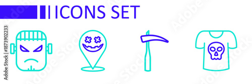 Set line Shirt with skull, Scythe, Happy Halloween holiday and Frankenstein face icon. Vector