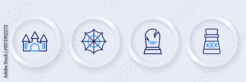 Set line Bottle with potion, Tombstone RIP written, Spider web and Castle icon. Vector