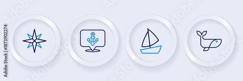 Set line Whale, Yacht sailboat, Anchor and Wind rose icon. Vector
