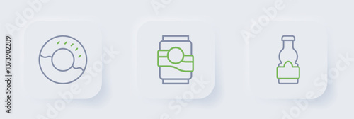 Set line Sauce bottle, Soda can and Donut icon. Vector