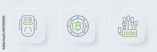 Set line Mechanical robot hand, Cryptocurrency coin Bitcoin and Artificial intelligence icon. Vector