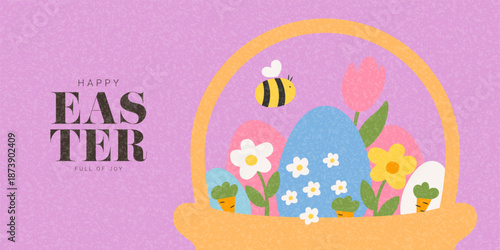 Creative Happy Easter banner. Happy Easter vector background with basket, eggs, spring flowers, cute bee. Holiday card for design of party, celebration, ads, branding, cover, card, sale, event.